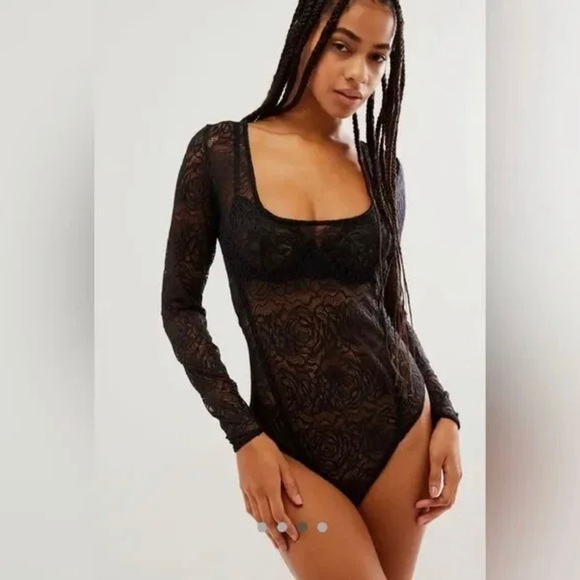Free People Tops - Free People Women’s In My Head Sheer Lace Bodysuit Thong Black Lace LARGE NWOT